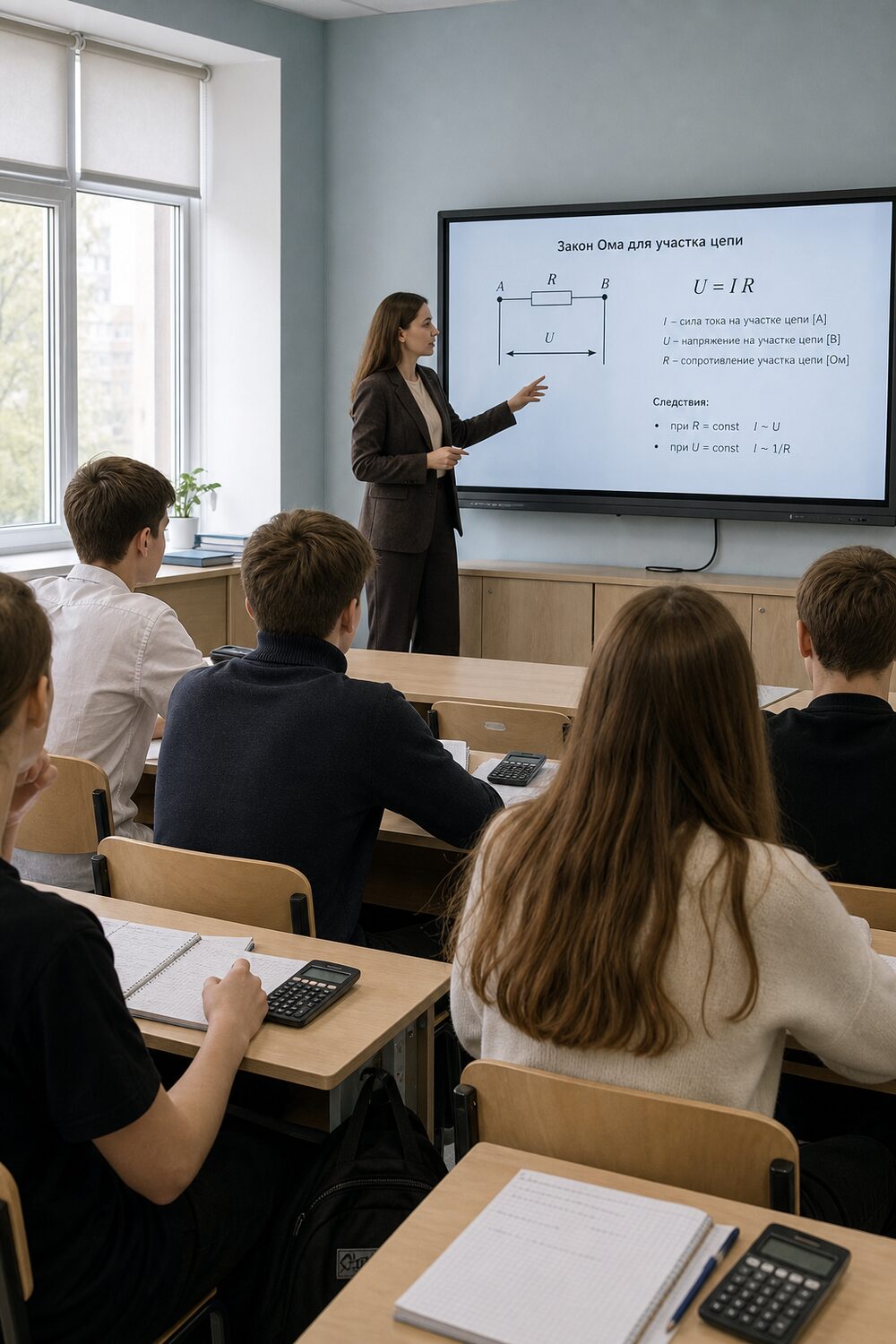 Учитель ведёт урок физики у интерактивной доски, ученики слушают за партами